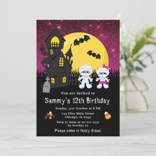 ハロウィーンドファンシーレス誕生日ミームピンク 招待状 (スタンド正面)