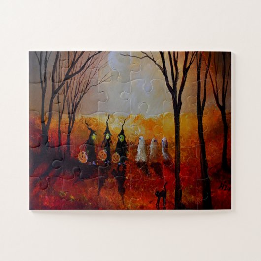 ハロウィーンナイトフルムーン幽霊たちと魔女 ジグソーパズル (横)