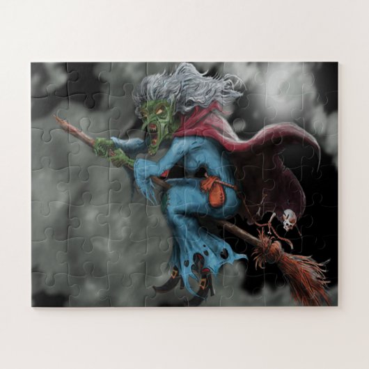 ハロウィーンナイト怖い飛んでいる魔女スカル ジグソーパズル (横)