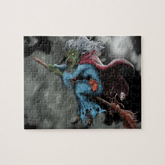 ハロウィーンナイト怖い飛んでいる魔女スカル ジグソーパズル (横)