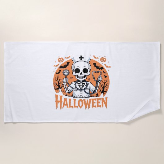 ハロウィーンナーススケルトン必須Tシャツ_1 ビーチタオル (正面)