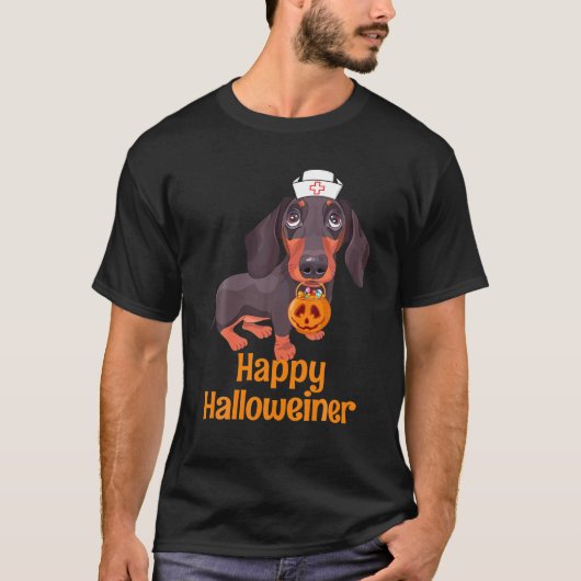 ハロウィーンナースダックスシュント衣装の女性の幸せ Tシャツ (正面)