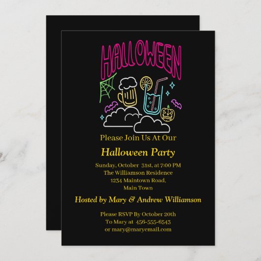 ハロウィーンネオングロールックビールドリンクパーティー 招待状 (正面/裏面)