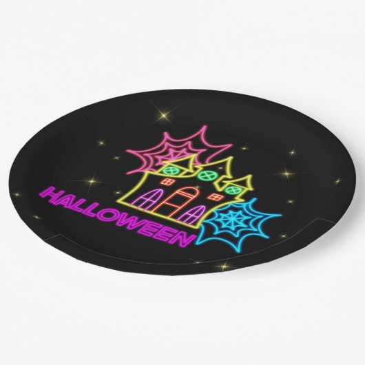 ハロウィーンネオン幽霊のよく出るルックハウススパイダーウェブ9" ペーパープレート (アングル)