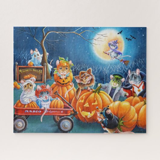 ハロウィーンネズミインPumpkin Patch Water Color Art ジグソーパズル (横)