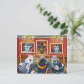 ハロウィーンネズミ来館美術館水彩画 ポストカード (スタンド正面)