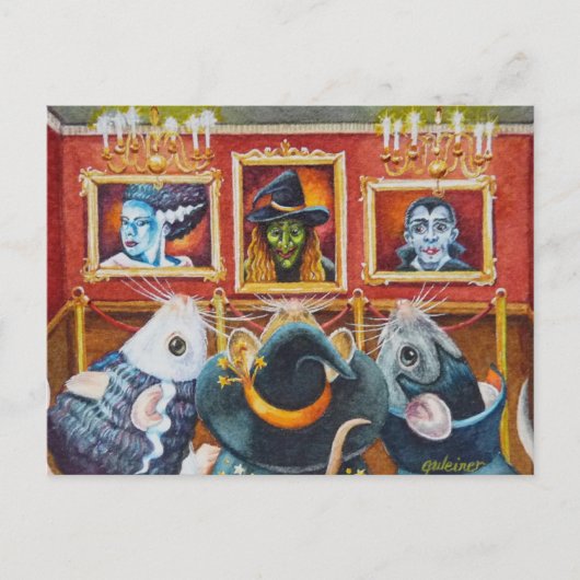 ハロウィーンネズミ来館美術館水彩画 ポストカード (正面)