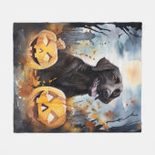 ハロウィーンノバスコシアとカボチャ怖い フリースブランケット (正面(横))