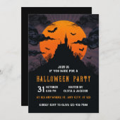 ハロウィーンハウス，月，こうもり，夜パーティー 招待状 (正面/裏面)