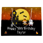 ハロウィーンハッピーバースデーウィッチ幽霊ダークオレンジ ラージペーパーバッグ (正面)