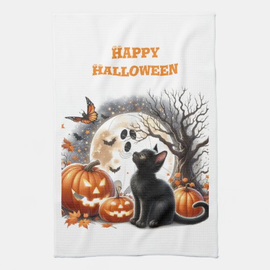 ハロウィーンハロウィーンのカボチャのちょうちんかぼちゃねこ白 キッチンタオル (縦)