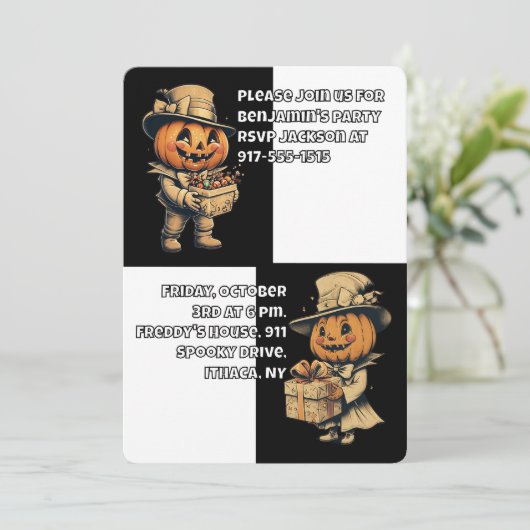 ハロウィーンハロウィーンのカボチャのちょうちんインブラック 招待状 (スタンド正面)
