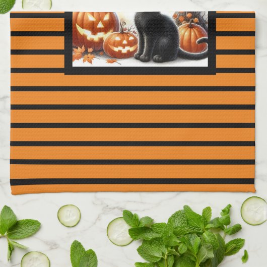 ハロウィーンハロウィーンのカボチャのちょうちんカボチャと猫 キッチンタオル (折り畳み)