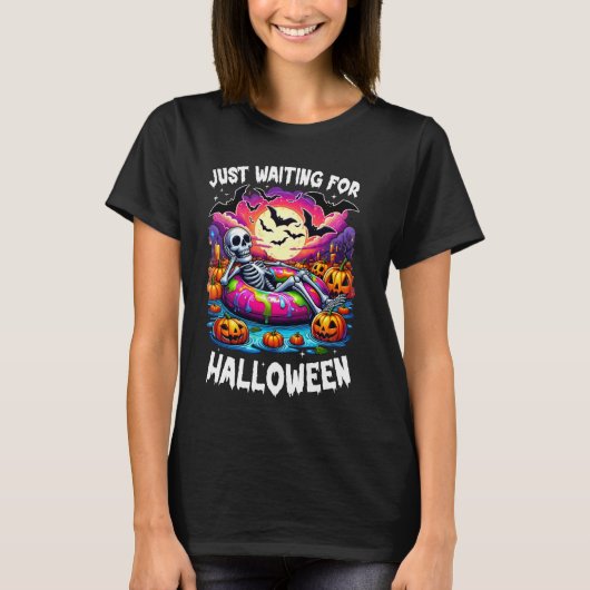 ハロウィーンハロウィーンのカボチャのちょうちんスケルトンを待っている Tシャツ (正面)