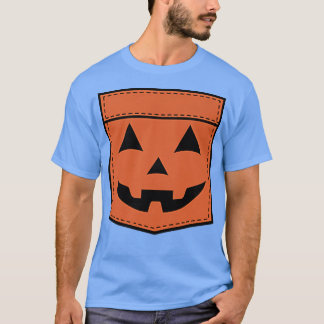 ハロウィーンハロウィーンのカボチャのちょうちんパンプキン顔ポケット Tシャツ