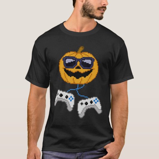 ハロウィーンハロウィーンのカボチャのちょうちんピクセル化ゲームゲーマーボー Tシャツ (正面)