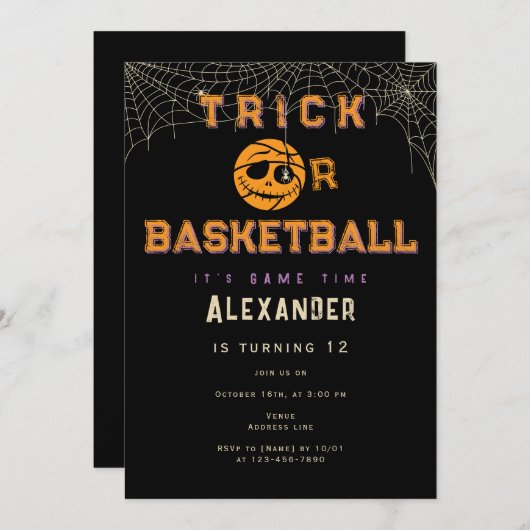 ハロウィーンバスケットボールトリックまたはバスケットボール誕生日 招待状 (正面/裏面)