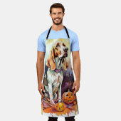 ハロウィーンバスセットハウンドとカボチャ怖い エプロン (着用した状態)