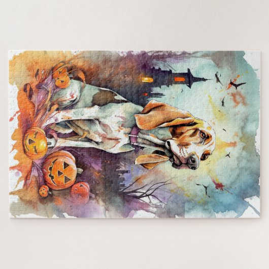 ハロウィーンバスセットハウンドとカボチャ怖い ジグソーパズル (横)