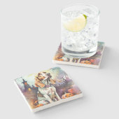 ハロウィーンバスセットハウンドとカボチャ怖い ストーンコースター (横)