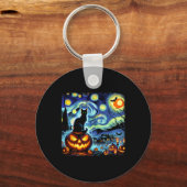 ハロウィーンバンゴッホ星空のナイトブラックキャットカボチャ キーホルダー (正面)