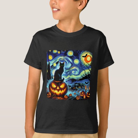 ハロウィーンバンゴッホ星空のナイトブラックキャットカボチャ Tシャツ (正面)