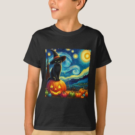 ハロウィーンバンゴッホ星空ナイトブラックキャットウィッチハ Tシャツ (正面)