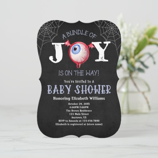 ハロウィーンバンドルの喜び不気味な目の赤ちゃんシャワー 招待状 (スタンド正面)