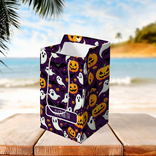 ハロウィーンパターンこうもりカボチャ幽霊キャンディパーティー ミディアムペーパーバッグ