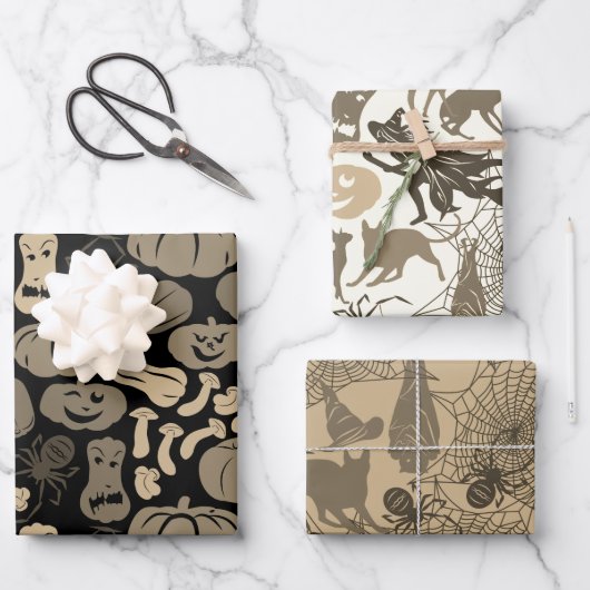 ハロウィーンパターンウィッチハットキャットスパイダー3ニュートラル ラッピングペーパーシート (正面)