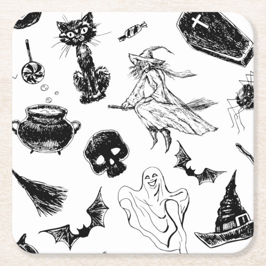 ハロウィーンパターンデザイン スクエアペーパーコースター (正面)