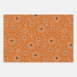 ハロウィーンパターン |スパイダーウェブ上のクモ3色 ラッピングペーパーシート