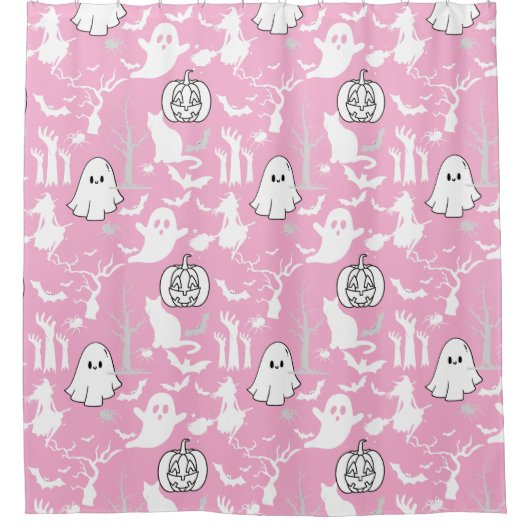 ハロウィーンパターン。不気味可愛いBピンクBG シャワーカーテン (正面)