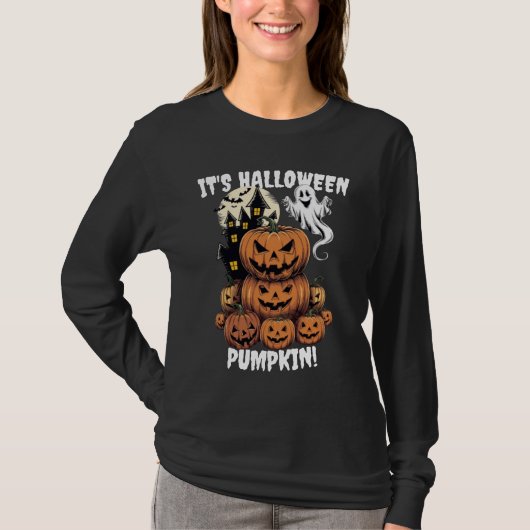 ハロウィーンパンプキンおもしろいカスタムハロウィン Tシャツ (正面)