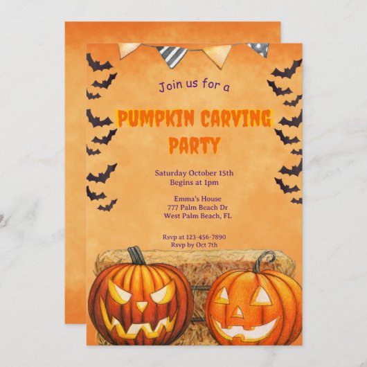ハロウィーンパンプキンカービングパーティの招待状 招待状 (正面/裏面)