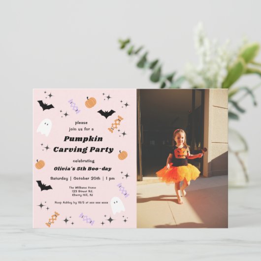 ハロウィーンパンプキンカービング誕生日招待状 招待状 (スタンド正面)