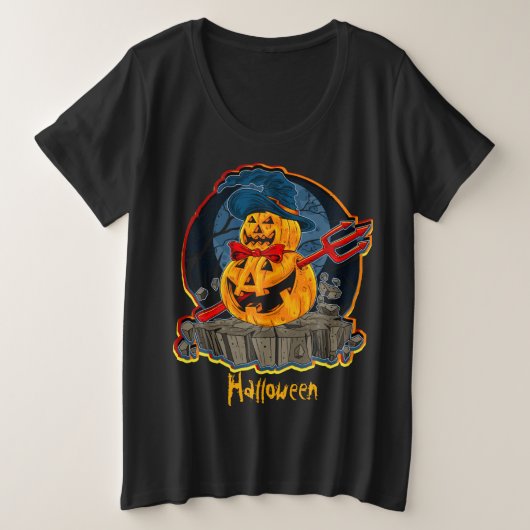 ハロウィーンパンプキンデビルトライデントゾンビモンスタープルズ プラスサイズTシャツ (デザイン正面)