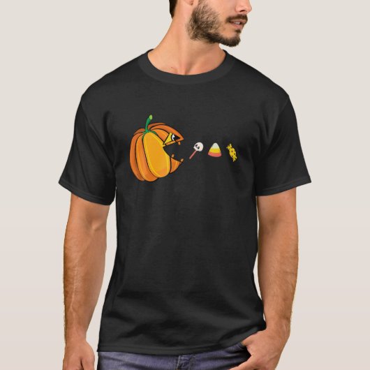 ハロウィーンパンプキ食べンキャンディのスケルトンおもしろい男の子G Tシャツ (正面)