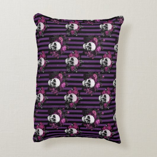 ハロウィーンパープルとブラックフローラストライプのスカル アクセントクッション (裏面(縦))