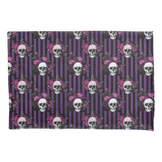 ハロウィーンパープルとブラックフローラストライプのスカル 枕カバー (正面)