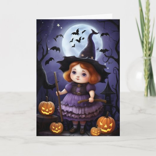 ハロウィーンパープルウィッチガールイラストレーション カード (正面)