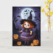 ハロウィーンパープルウィッチガールイラストレーション カード (黄色い花)
