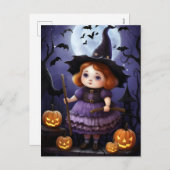 ハロウィーンパープルウィッチガールイラストレーション シーズンポストカード (正面/裏面)