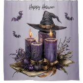 ハロウィーンパープルキャンドルこうもり不気味怖 シャワーカーテン (正面)