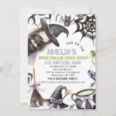 ハロウィーンパープルグリーンリトルウィッチ誕生日 招待状 (正面)