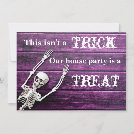 ハロウィーンパープルスケルトンカスタムハウスパーティー 招待状 (正面)
