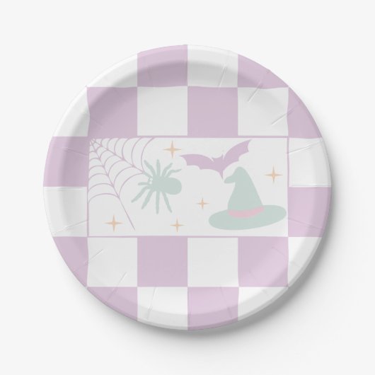 ハロウィーンパープル不気味シーズンチェッカーボード ペーパープレート (正面)
