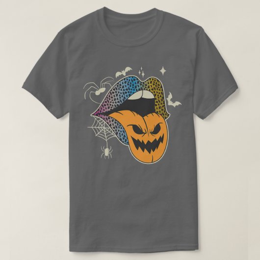 ハロウィーンヒョウレインボーリップウィメンパンプキントング Tシャツ (デザイン正面)