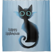 ハロウィーンビッグアイズブラックブルーイマジックネコ シャワーカーテン (正面)
