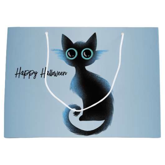 ハロウィーンビッグアイズブラックブルーイマジックネコ ラージペーパーバッグ (正面)